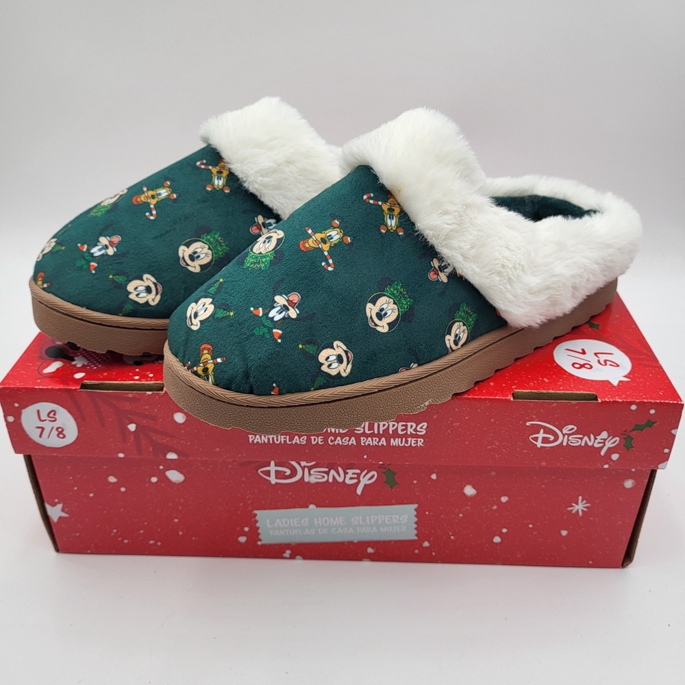 Disney Mickey Mouse Minnie Christmas Ladies Home Slippers 7/8 Green Faux Fur